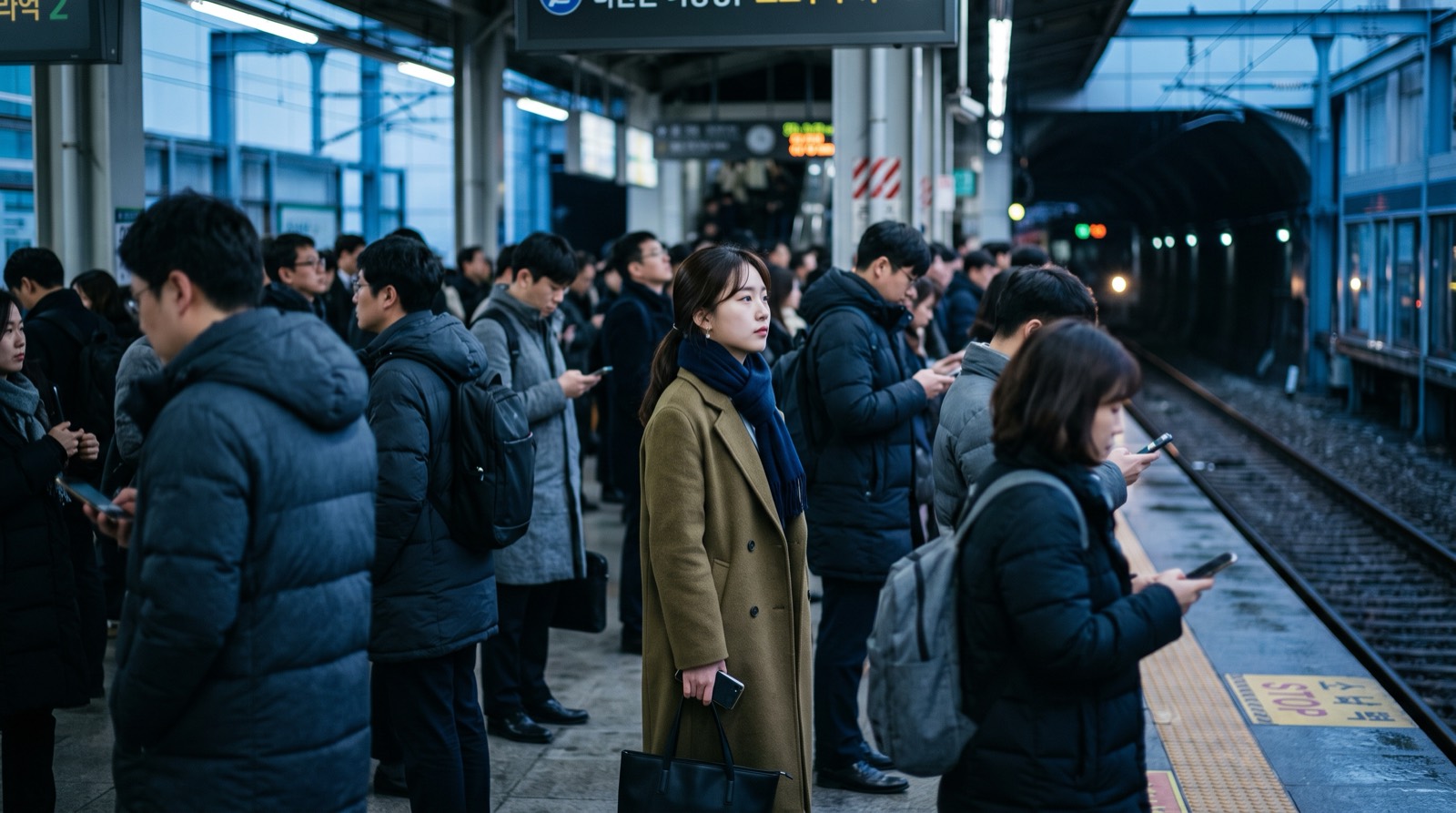 월요일 아침 지하철 승강장에서 출근 열차를 기다리는 사람들